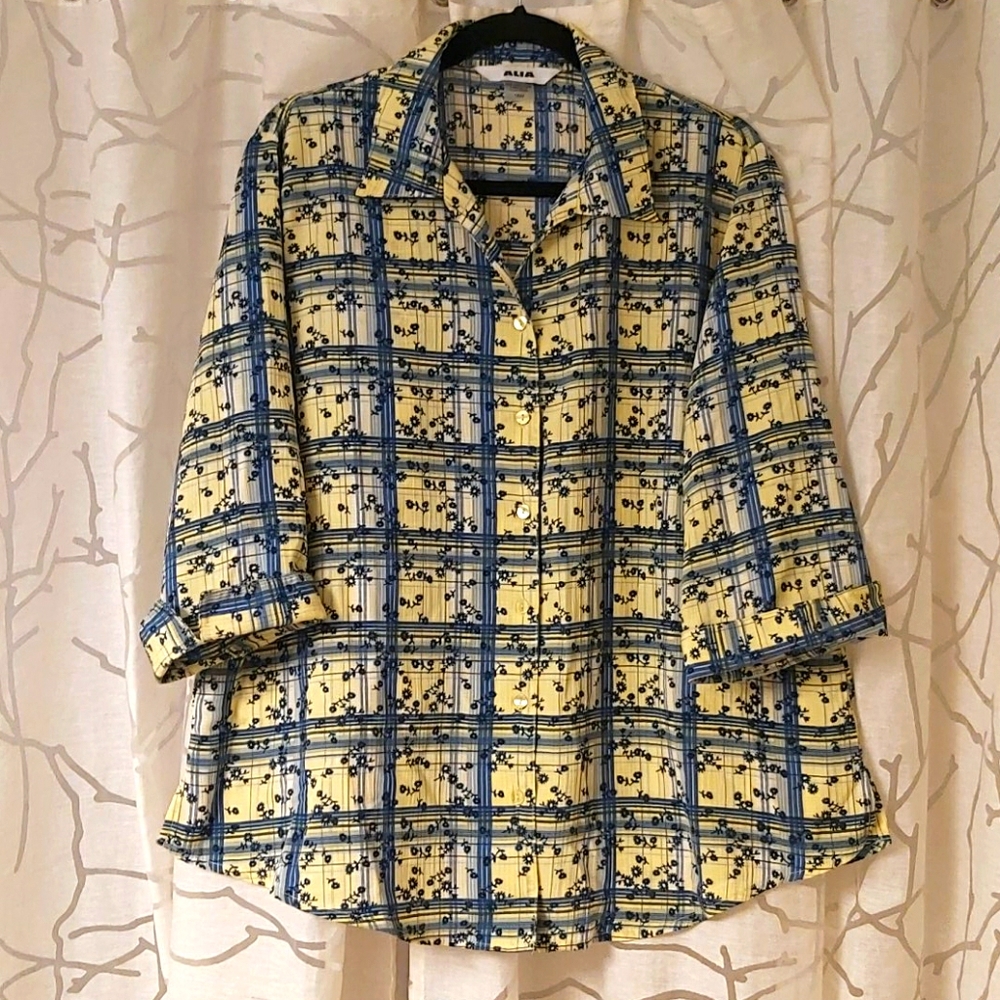 Vintage ALIA 18W Yellow and Blue Plaid Blouse